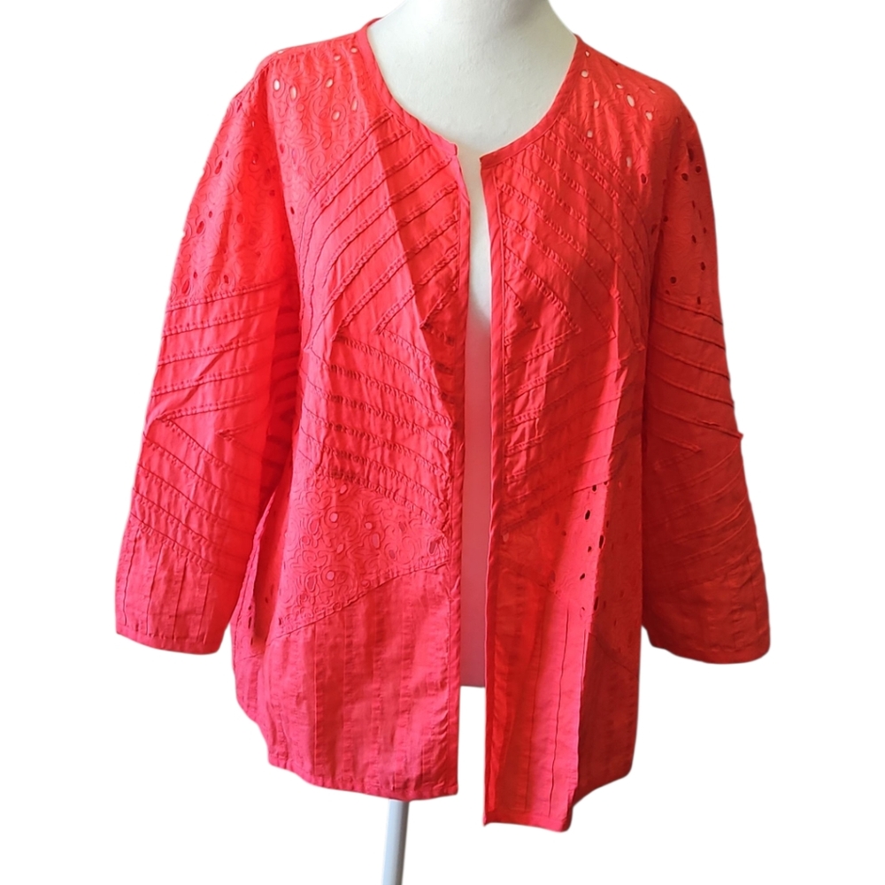 Chico's Coral Eyelet Detail Open Cardigan